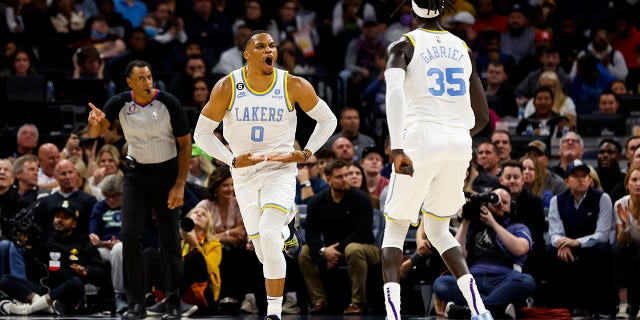 Russell Westbrook (0) of the Los Angeles Lakers celebrates a basket against the Minnesota Timberwolves in the second quarter of a game at Target Center Oct. 28, 2022, in Minneapolis.