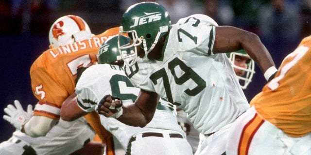 Offensive lineman Marvin Powell (79) of the New York Jets is shown during a game against the Tampa Bay Buccaneers at Giants Stadium on Nov. 17, 1985, in East Rutherford, New Jersey.