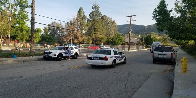 A large police presence outside North Park Elementary School in San Bernardino, California, on April 17, 2017.