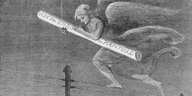 Copy of an engraving celebrating the first telegraphic message from California, showing an angelic figure carrying a telegram that reads, "May The Union Be Perpetual" while walking along telegraph wires, Nov. 1861. The first transcontinental telegraph line was inaugurated on Oct. 24, 1861.