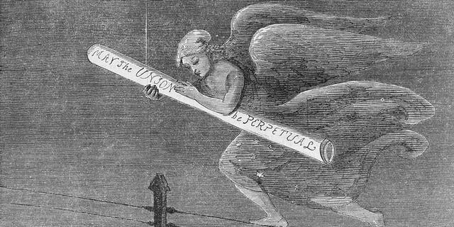 Copy of an engraving celebrating the first telegraphic message from California, showing an angelic figure carrying a telegram that reads, "May The Union Be Perpetual" while walking along telegraph wires, Nov. 1861. The first transcontinental telegraph line was inaugurated on Oct. 24, 1861.