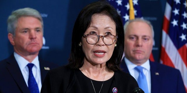 Rep. Michelle Steel, R-Calif., talks with reporters during a news conference at the U.S. Capitol Visitors Center on October 20, 2021 in Washington, DC.