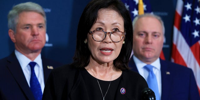 Rep. Michelle Steel, R-Calif., talks with reporters during a news conference at the U.S. Capitol Visitors Center on October 20, 2021 in Washington, DC.