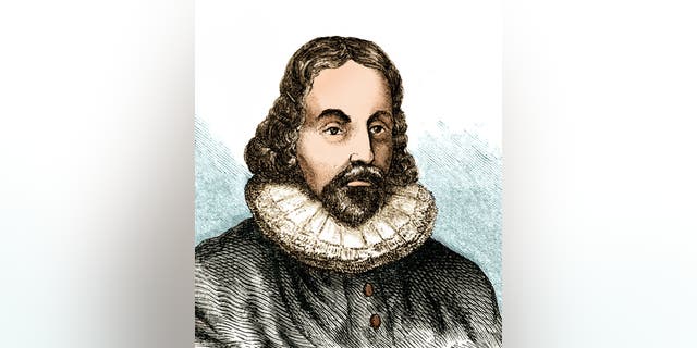 Colorized illustration (after a wood engraving circa 1854) of English Puritan and founder of the Massachusetts Bay Colony John Winthrop (circa 1588-1649). 
