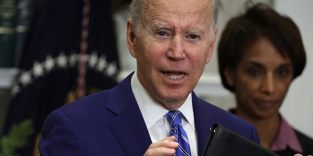 President Joe Biden speaks at the Roosevelt Room of the White House May 4, 2022.