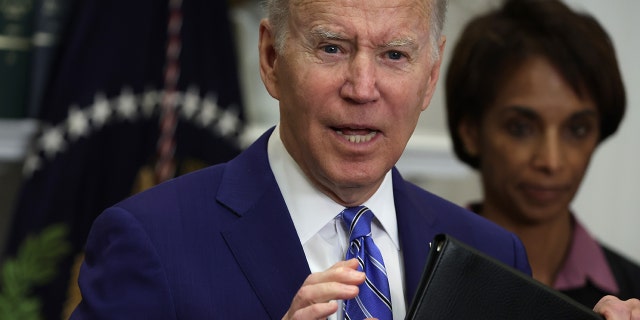 U.S. President Joe Biden speaks  at the Roosevelt Room of the White House May 4, 2022 in Washington, DC. 