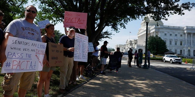 Veterans and supporters of the PACT act demonstrate outside the U.S. Capitol Building on Aug. 2, 2022 in Washington, DC.