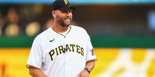 Ben Roethlisberger throws out a ceremonial first pitch prior to the game between the Philadelphia Phillies and the Pittsburgh Pirates at PNC Park on July 29, 2022 in Pittsburgh.