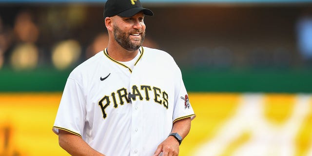 Ben Roethlisberger throws out a ceremonial first pitch prior to the game between the Philadelphia Phillies and the Pittsburgh Pirates at PNC Park on July 29, 2022 in Pittsburgh.