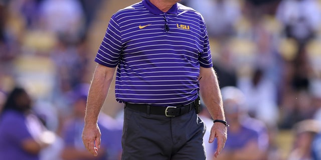 Head coach Brian Kelly of the LSU Tigers reacts before a game against the Mississippi State Bulldogs at Tiger Stadium Sept. 17, 2022, in Baton Rouge, La. 