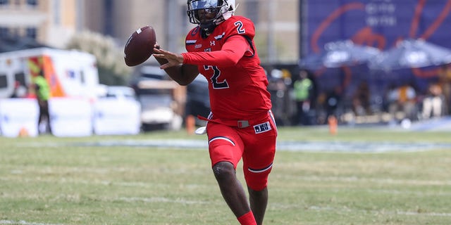 JSU quarterback Shedeur Sanders looks to pass during the downfield during their game against Grambling State. JSU won 66-24 in their home opener.
