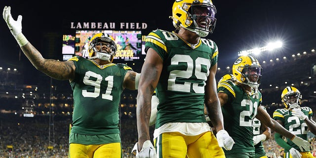 Rasul Douglas (29) of the Green Bay Packers celebrates an interception by Jaire Alexander (23) against the Chicago Bears during the fourth quarter at Lambeau Field Sept. 18, 2022, in Green Bay, Wis.