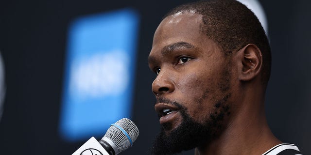Kevin Durant, #7 of the Brooklyn Nets, speaks during a press conference at Brooklyn Nets Media Day at HSS Training Center on September 26, 2022, in Brooklyn, New York. 