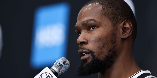 Kevin Durant, #7 of the Brooklyn Nets, speaks during a press conference at Brooklyn Nets Media Day at HSS Training Center on September 26, 2022, in Brooklyn, New York. 