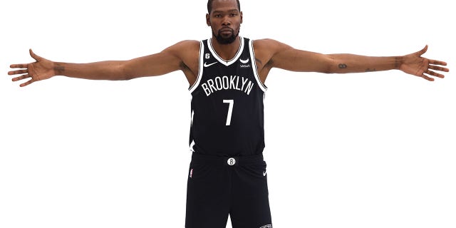 Kevin Durant, #7 of the Brooklyn Nets, poses for a photo at Brooklyn Nets Media Day at HSS Training Center on September 26, 2022, in Brooklyn, New York. 