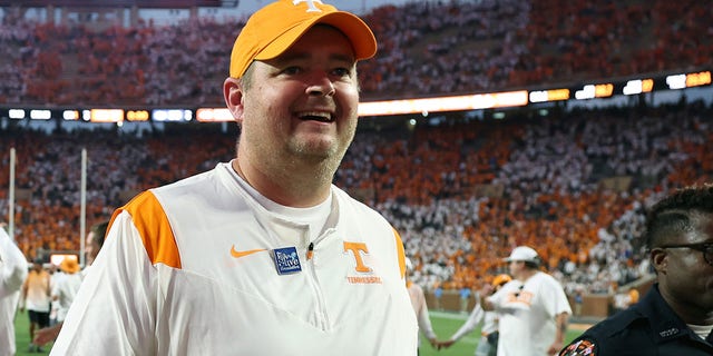 Head coach Josh Heupel of the Tennessee Volunteers celebrates a win over the Florida Gators at Neyland Stadium on September 24, 2022 in Knoxville, Tennessee. Tennessee won the game 38-33. 