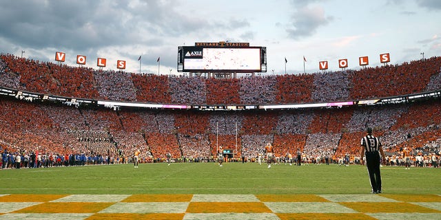 Tennessee Volunteers fans coordinate to checker Neyland Stadium during a game against the Florida Gators Sept. 24, 2022, in Knoxville, Tenn.