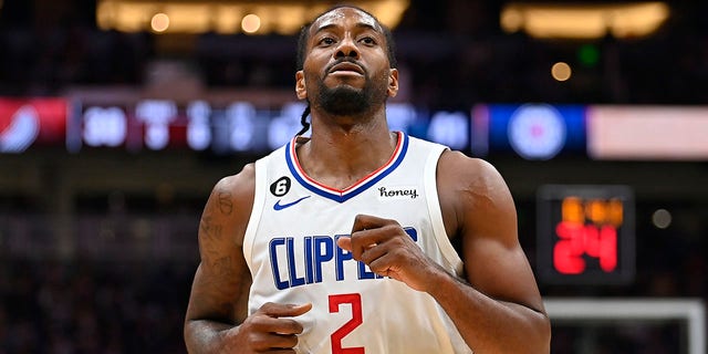 Kawhi Leonard #2 of the Los Angeles Clippers looks on during the first half of the preseason game against the Portland Trail Blazers at Climate Pledge Arena on October 03, 2022 in Seattle, Washington. The Los Angeles Clippers won 102-97. 