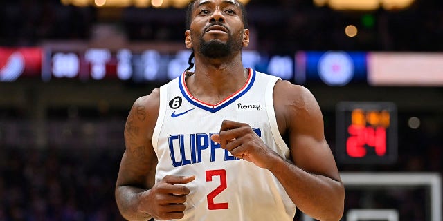 Kawhi Leonard #2 of the Los Angeles Clippers looks on during the first half of the preseason game against the Portland Trail Blazers at Climate Pledge Arena on October 03, 2022 in Seattle, Washington. The Los Angeles Clippers won 102-97.