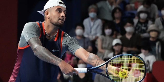 Nick Kyrgios of Australia in action during his match against Chun-Hsin Tseng of Taipei on day two of the Rakuten Japan Open at Ariake Coliseum on October 4, 2022 in Tokyo, Japan. 