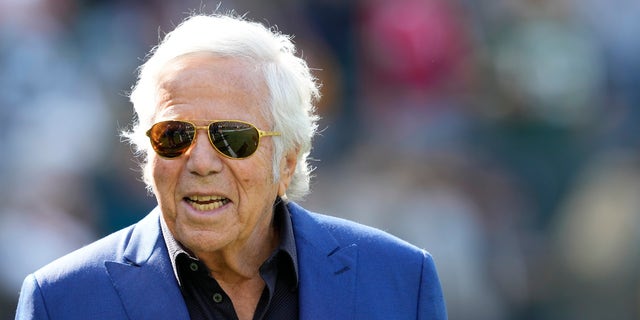 New England Patriots owner Robert Kraft during pregame warmups before a game against the Green Bay Packers at Lambeau Field Oct. 2, 2022, in Green Bay, Wis. 
