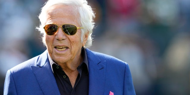 New England Patriots owner Robert Kraft during pregame warmups before a game against the Green Bay Packers at Lambeau Field Oct. 2, 2022, in Green Bay, Wis. 