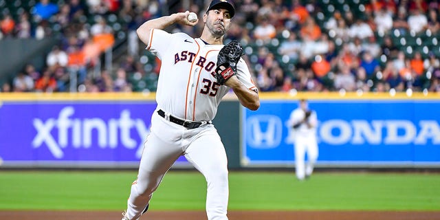 #35 Justin Verlander of the Houston Astros pitches against the Philadelphia Phillies on October 4, 2022 at Minute Maid Park in Houston.
