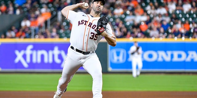 #35 Justin Verlander of the Houston Astros pitches against the Philadelphia Phillies on October 4, 2022 at Minute Maid Park in Houston.