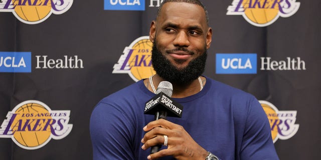 LeBron James, #6 of the Los Angeles Lakers, smiles during a news conference after a preseason game against the Phoenix Suns at T-Mobile Arena on Oct. 5, 2022 in Las Vegas. The Suns defeated the Lakers 119-115.