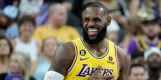 LeBron James, #6 of the Los Angeles Lakers, laughs on the court in the second quarter of a preseason game against the Phoenix Suns at T-Mobile Arena on Oct. 5, 2022 in Las Vegas. The Suns defeated the Lakers 119-115. 