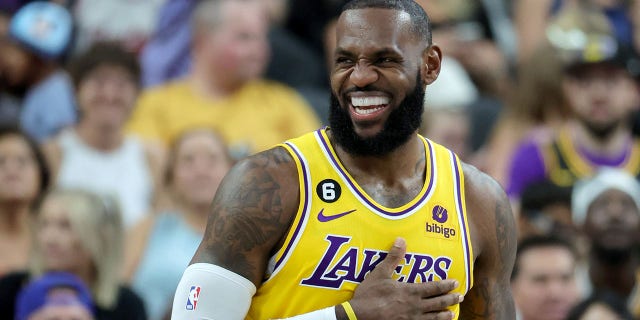 LeBron James, #6 of the Los Angeles Lakers, laughs on the court in the second quarter of a preseason game against the Phoenix Suns at T-Mobile Arena on Oct. 5, 2022 in Las Vegas. The Suns defeated the Lakers 119-115.