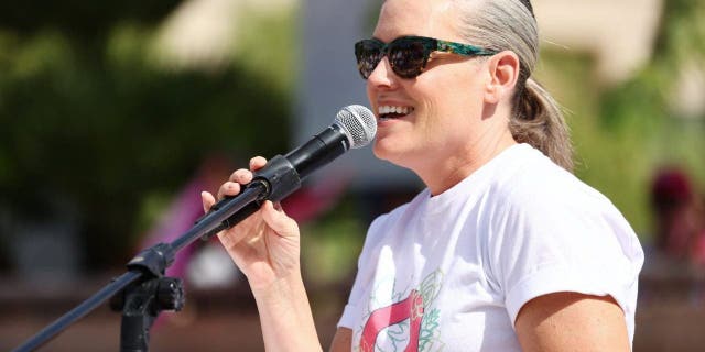 Arizona Secretary of State and Democratic gubernatorial candidate Katie Hobbs speaks at a Women's March rally in support of midterm election candidates who support abortion rights outside the State Capitol in Phoenix, Oct. 8, 2022.