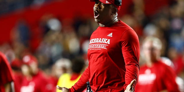 Head coach Mickey Joseph of the Nebraska Cornhuskers in action against the Rutgers Scarlet Knights during a game at SHI Stadium on Oct. 7, 2022 in Piscataway, New Jersey. Nebraska defeated Rutgers 14-13. 