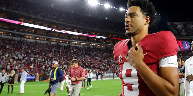 #9 Bryce Young of the Alabama Crimson Tide in a 24-20 win over the Texas A&M Aggies at Bryant Denny Stadium in Tuscaloosa, Alabama on October 8, 2022. 