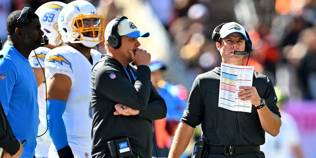 Head coach Brandon Staley of the Los Angeles Chargers walks the sideline during the Browns game at FirstEnergy Stadium on Oct. 9, 2022, in Cleveland, Ohio.