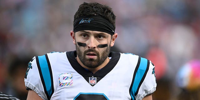 Baker Mayfield, #6 of the Carolina Panthers, walks off the field at halftime against the San Francisco 49ers at Bank of America Stadium on Oct. 9, 2022 in Charlotte, North Carolina. 