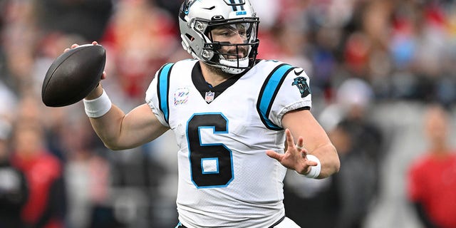 Baker Mayfield, #6 of the Carolina Panthers, looks to throw the ball during the second half against the San Francisco 49ers at Bank of America Stadium on Oct. 9, 2022 in Charlotte, North Carolina. 