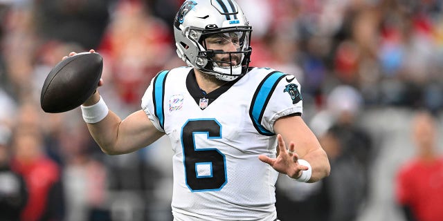 Baker Mayfield #6 of the Carolina Panthers looks to throw the ball during the second half against the San Francisco 49ers at Bank of America Stadium on October 09, 2022 in Charlotte, North Carolina.