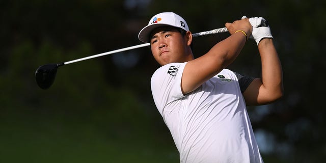 Tom Kim of South Korea plays his shot from the 16th tee during the final round of the Shriners Children's Open at TPC Summerlin on Oct. 9, 2022 in Las Vegas, Nevada.