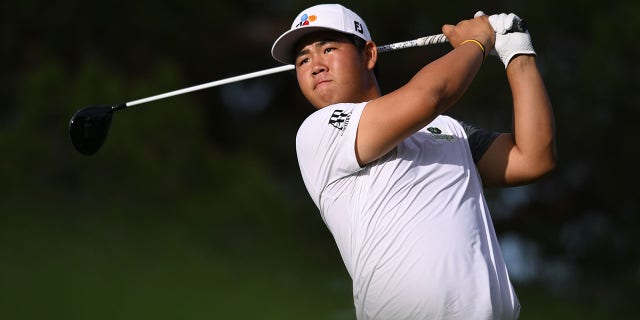 Tom Kim of South Korea plays his shot from the 16th tee during the final round of the Shriners Children's Open at TPC Summerlin on Oct. 9, 2022 in Las Vegas, Nevada.