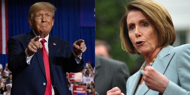 A split photo of former U.S. President Donald Trump during a campaign rally on October 09, 2022 in Mesa, Arizona and House Speaker Nancy Pelosi on October 6, 2009 at the White House in Washington, DC.