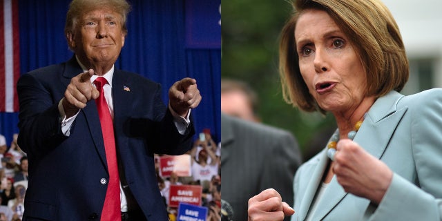 A split photo of former U.S. President Donald Trump during a campaign rally on October 09, 2022 in Mesa, Arizona and House Speaker Nancy Pelosi on October 6, 2009 at the White House in Washington, DC.