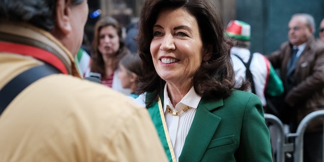 New York Gov. Kathy Hochul attends the annual Columbus Day Parade, the largest in the country, in Manhattan on October 10, 2022, in New York City.