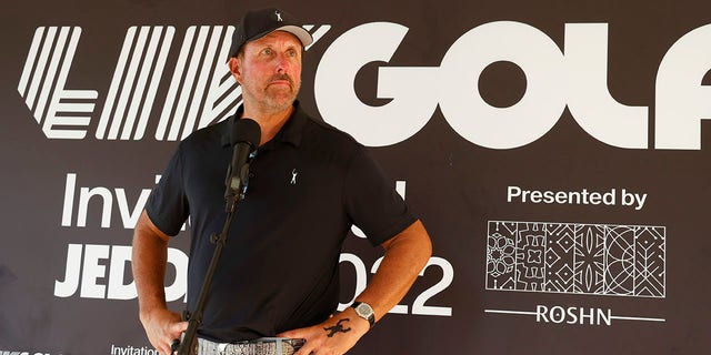 Team Captain Phil Mickelson of Hy Flyers GC speaks to the media during a press conference after the pro-am prior to the LIV Golf Invitational - Jeddah at Royal Greens Golf &amp;amp; Country Club on Oct. 13, 2022 in King Abdullah Economic City, Saudi Arabia. 