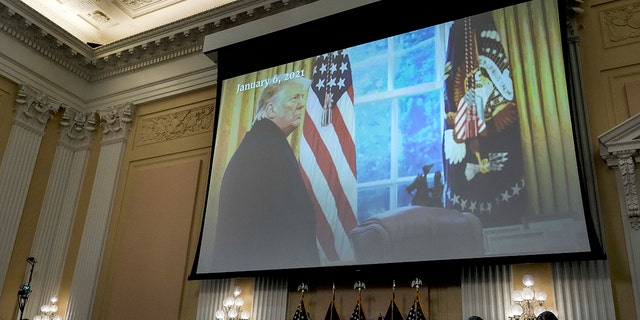 An image of former President Donald Trump is displayed during a hearing by the House Select Committee to Investigate the January 6th Attack on the U.S. Capitol.