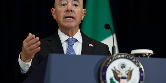 U.S. Homeland Security Secretary Alejandro Mayorkas answers a reporter's question during a news conference with Mexican counterparts at the State Department on October 13, 2022, in Washington, DC. 