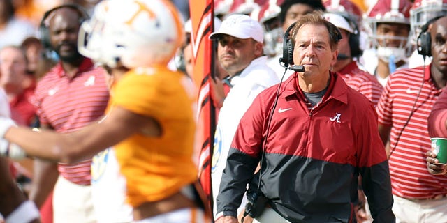 Head coach Nick Saban of the Alabama Crimson Tide looks on during the first quarter of the game against the Tennessee Volunteers at Neyland Stadium on Oct. 15, 2022 in Knoxville.