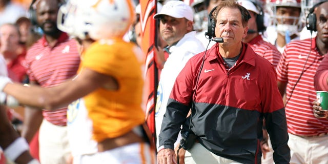 Alabama Crimson Tide head coach Nick Saban watches the first quarter of a game against the Tennessee Volunteers at Nayland Stadium in Knoxville, Tennessee on October 15, 2022. 