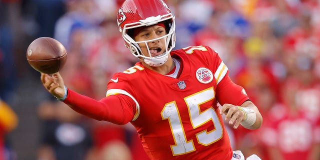 Patrick Mahomes, #15 of the Kansas City Chiefs, throws the ball during the fourth quarter against the Buffalo Bills at Arrowhead Stadium on Oct. 16, 2022 in Kansas City, Missouri.