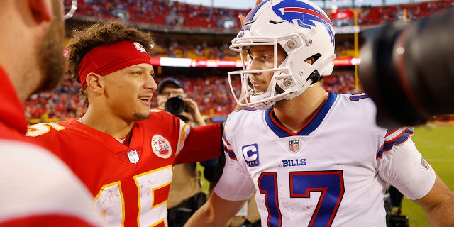 Patrick Mahomes, #15 of the Kansas City Chiefs, shakes hands with Josh Allen, #17 of the Buffalo Bills, after the game at Arrowhead Stadium on Oct. 16, 2022 in Kansas City, Missouri. Buffalo defeated Kansas City 24-20.